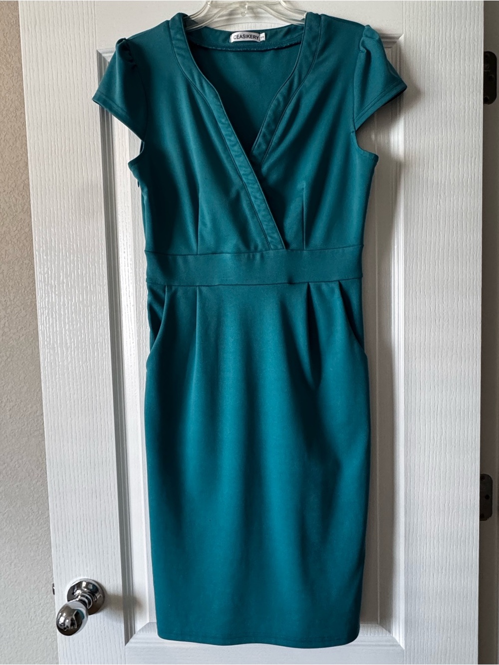 Casual Corner Teal Wrap-Front Cap-Sleeve Midi Dress
